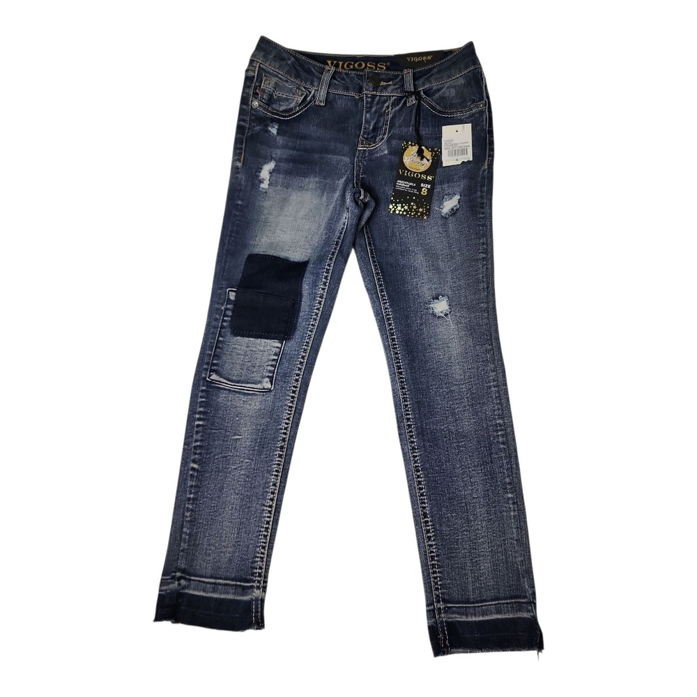 NEW Vigoss Austin Ankle Skinny Jeans Kids Size 8 Blue Distressed Patchwork NWT